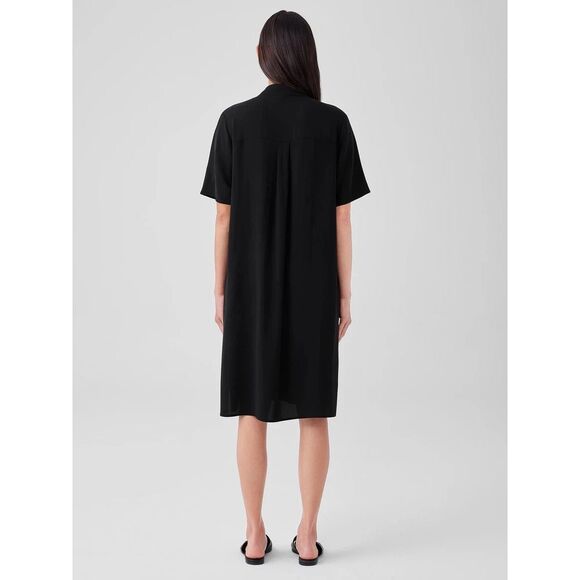 NEW Eileen Fisher Silk Georgette Crepe Notch Collar Dress in Black Size Medium - Picture 4 of 8